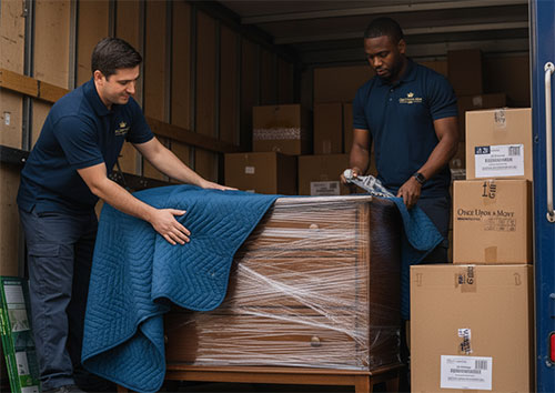 Moving crew expertly wrapping and loading furniture into a branded truck, highlighting their expertise and trustworthiness.