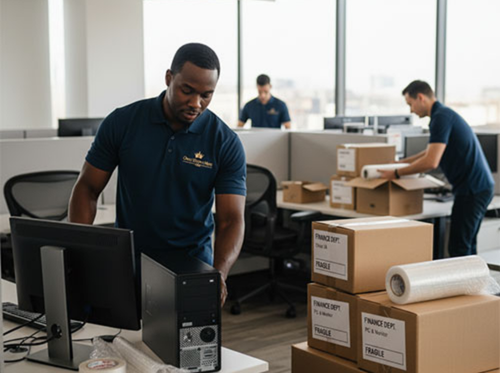 long-distance-compant-moving Crew Members secured equipment and other fragile stuff in a box